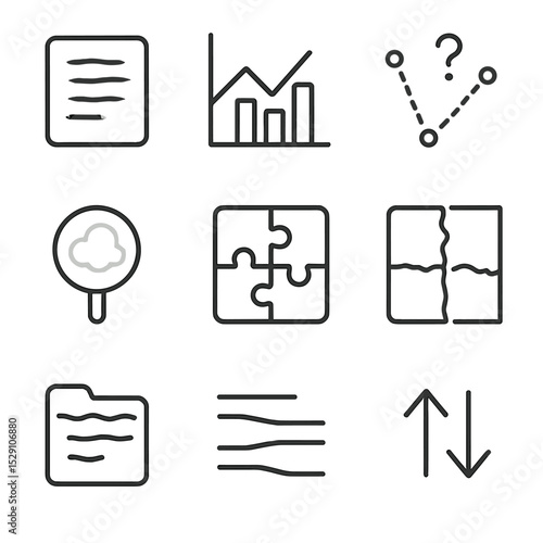 Data Ambiguity Icons. Outline icon set of data ambiguity and interpretation: blurred document, overlapping charts, data points