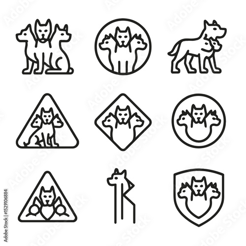 Cerberus Icon Set. Outline icon set of Cerberus symbolism: loyalty emblem, guardian icon, threshold mark, danger sign, underworld