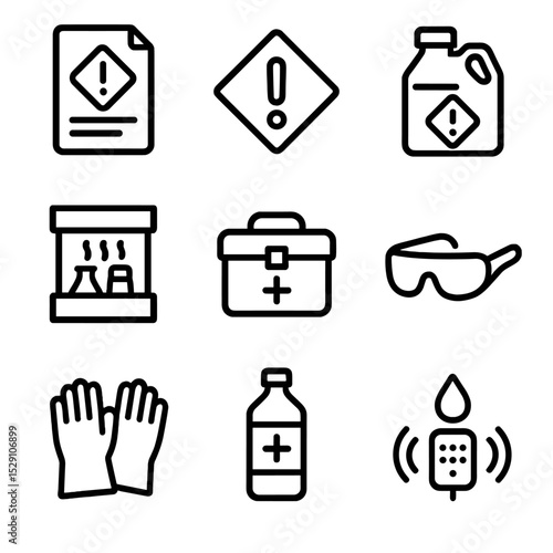 Chemical Safety Icons. Outline icon set of chemical safety: MSDS sheet, warning label, chemical container, fume hood, spill kit,