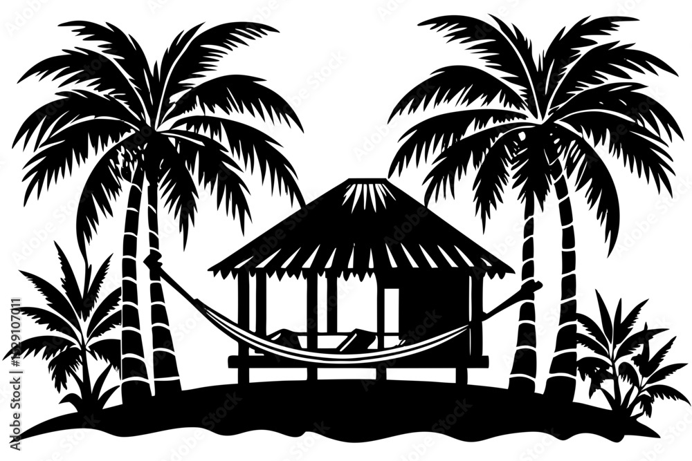 Obraz premium Tropical beach hut with hammock and palm trees