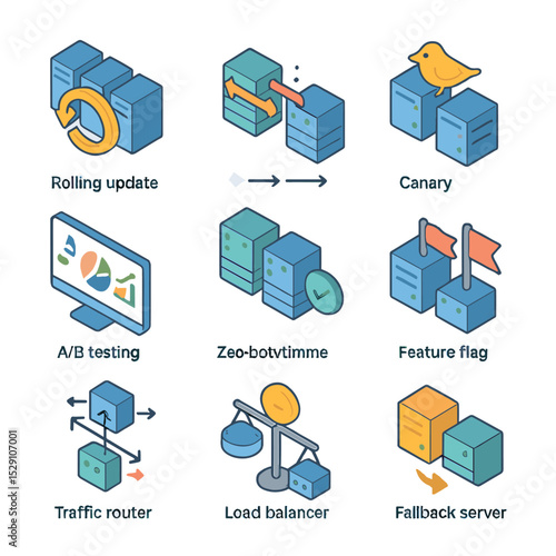 Deployment Strategies Icons. Isometric Flat icon set of deployment strategies: rolling update, blue-green switch, canary rollout,