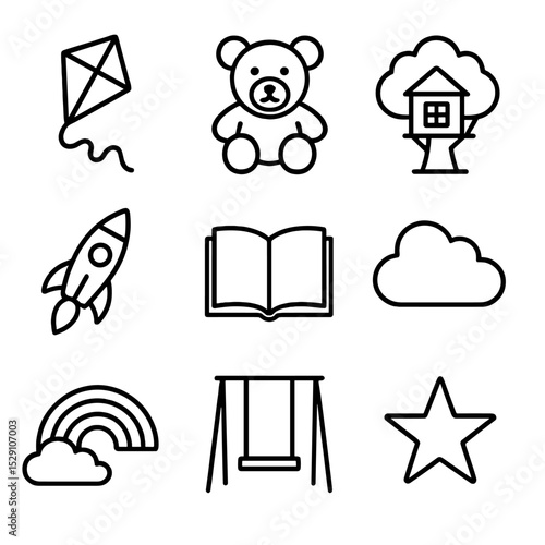 Childhood Dreams Icons. Outline icon set of childhood dreams: kite, teddy bear, treehouse, rocket ship, storybook, cloud, rainbow,