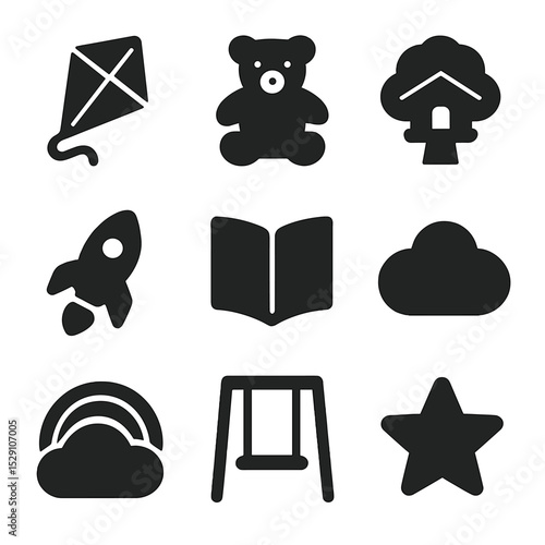 Childhood Dreams Icons. Solid, Filled icon set of childhood dreams: kite, teddy bear, treehouse, rocket ship, storybook, cloud,