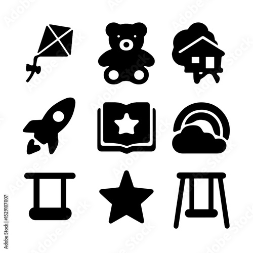 Childhood Dreams Icons. Solid, Filled icon set of childhood dreams: kite, teddy bear, treehouse, rocket ship, storybook, cloud,