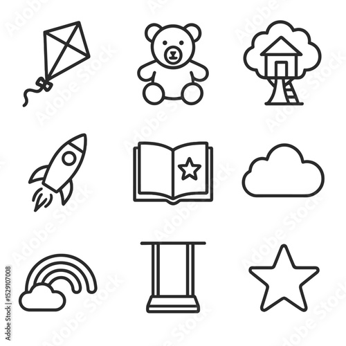 Childhood Dreams Icons. Outline icon set of childhood dreams: kite, teddy bear, treehouse, rocket ship, storybook, cloud, rainbow,