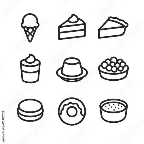 Dessert Icon Collection. Outline icon set of dessert menu: ice cream cone, cake slice, pie slice, chocolate mousse, panna cotta,
