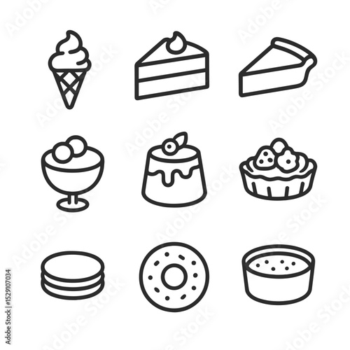 Dessert Icon Collection. Outline icon set of dessert menu: ice cream cone, cake slice, pie slice, chocolate mousse, panna cotta,
