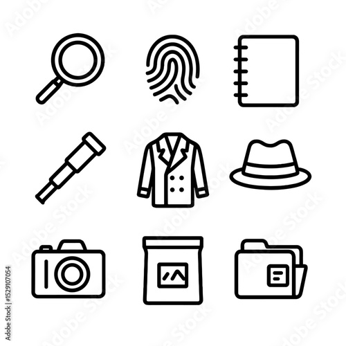 Detective Tool Icons. Outline icon set of detective tools: magnifying glass, fingerprint, notebook, spyglass, trench coat, fedora