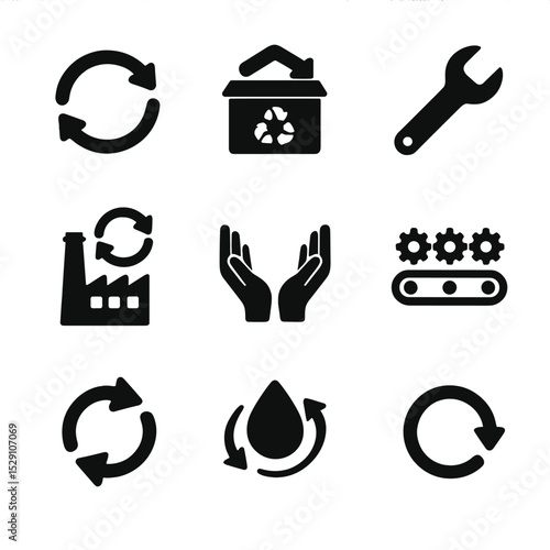 Circular Economy Icons. Flat icon set of circular economy concepts: loop arrows, take-back box, repair wrench, refurbish factory,