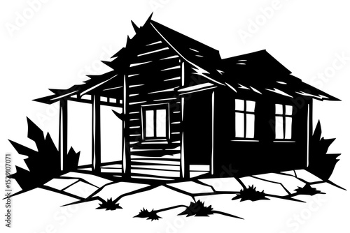 Black and white illustration of a dilapidated shack