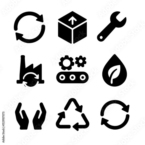Circular Economy Icons. Flat icon set of circular economy concepts: loop arrows, take-back box, repair wrench, refurbish factory,