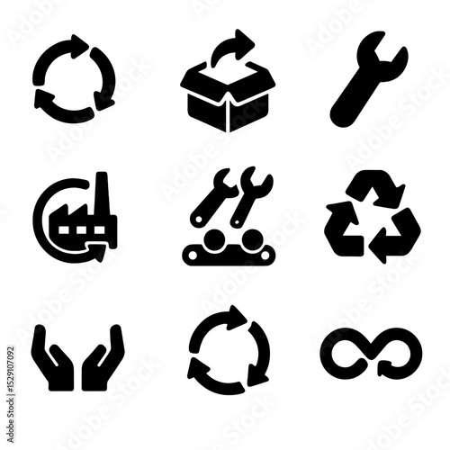 Circular Economy Icons. Solid, Filled icon set of circular economy concepts: loop arrows, take-back box, repair wrench, refurbish
