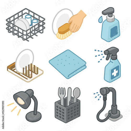 Dish Cleaning Icons. Isometric Flat icon set of cup cleaning and upkeep: dishwasher rack, hand wash brush, soap dispenser, rinse