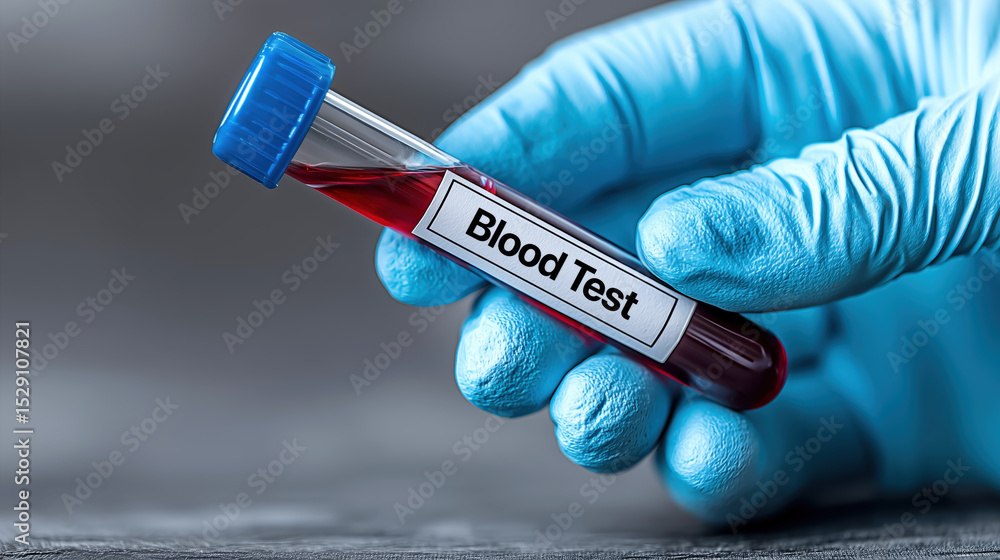 Obraz premium Blue gloved hand holding blood test tube, close up, medical laboratory analysis, healthcare concept, clinical diagnosis