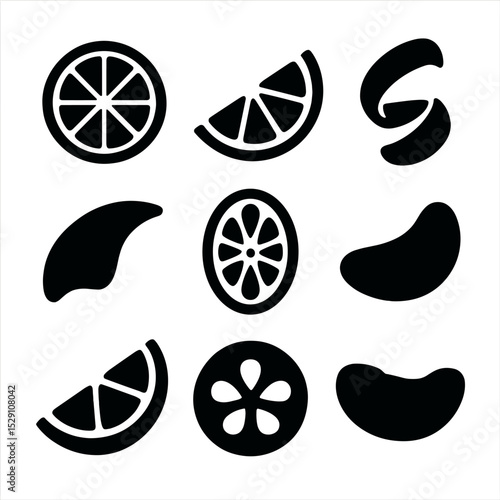 Citrus Garnish Icons. Solid, Filled icon set of citrus garnishes: lemon wheel, lime wedge, orange twist, grapefruit peel, citron