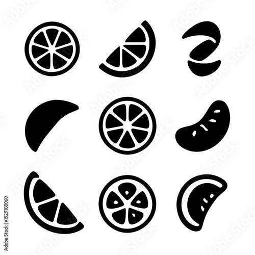 Citrus Garnish Icons. Solid, Filled icon set of citrus garnishes: lemon wheel, lime wedge, orange twist, grapefruit peel, citron