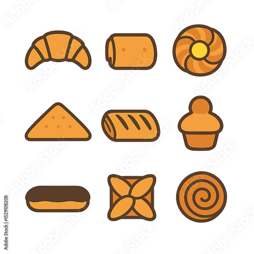 Classic Pastries Icons. Flat icon set of classic pastries: croissant, pain au chocolat, Danish pastry, turnover, strudel, brioche,