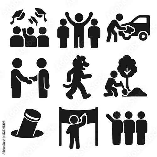 Class Traditions Icons. Solid, Filled icon set of class traditions: cap toss, class chant, senior prank, alumni handshake, mascot