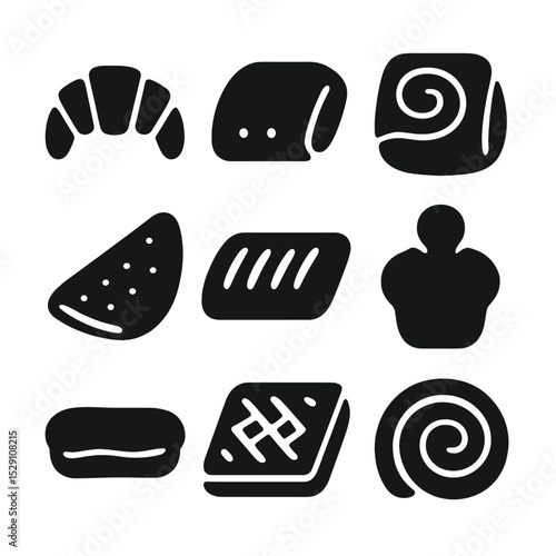 Classic Pastries Icons. Solid, Filled icon set of classic pastries: croissant, pain au chocolat, Danish pastry, turnover, strudel,
