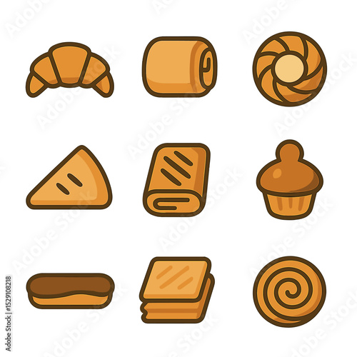 Classic Pastries Icons. Flat icon set of classic pastries: croissant, pain au chocolat, Danish pastry, turnover, strudel, brioche,