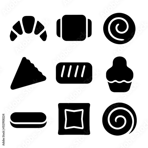 Classic Pastries Icons. Solid, Filled icon set of classic pastries: croissant, pain au chocolat, Danish pastry, turnover, strudel,
