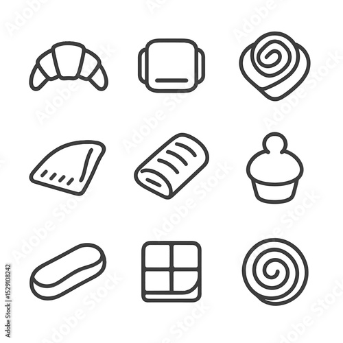 Classic Pastry Icons. Outline icon set of classic pastries: croissant, pain au chocolat, Danish pastry, turnover, strudel, brioche
