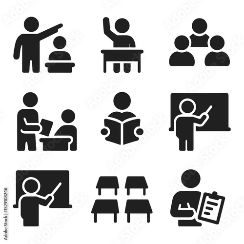 Classroom Icon Set. Flat icon set of classroom teaching moments: teacher pointing, student raising hand, group discussion,