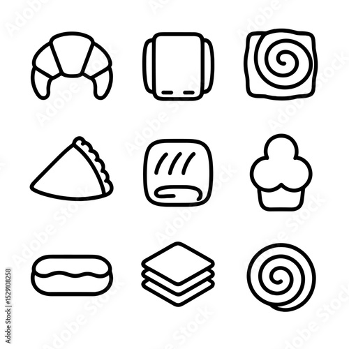 Classic Pastry Icons. Outline icon set of classic pastries: croissant, pain au chocolat, Danish pastry, turnover, strudel, brioche