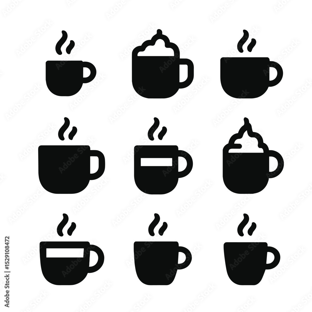 Coffee Icons Grid. Solid, Filled icon set of coffee beverages: espresso, latte, cappuccino, americano, macchiato, mocha, flat Coffee Icons Grid. Solid, Filled icon set of coffee beverages: espresso, latte, cappuccino, americano, macchiato, mocha, flat