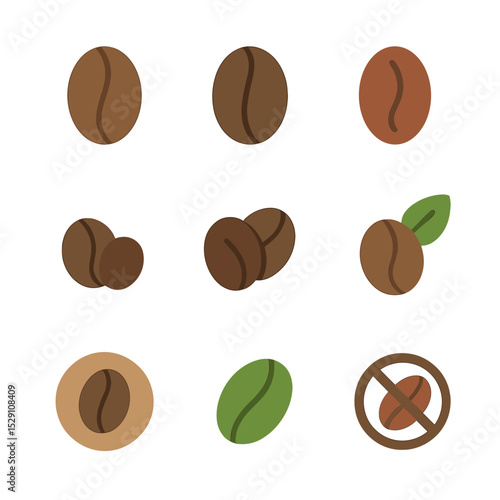 Coffee Bean Icons. Flat icon set of coffee bean varieties: arabica, robusta, liberica, peaberry, blend, organic, single-origin,