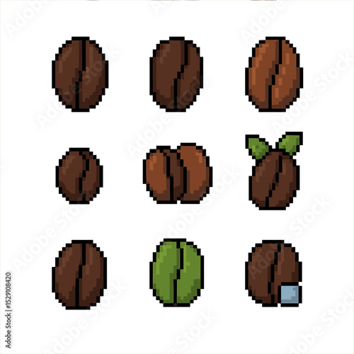 Coffee Bean Icons. Pixel art icon set of coffee bean varieties: arabica, robusta, liberica, peaberry, blend, organic,