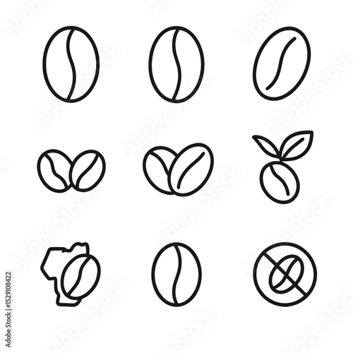 Coffee Bean Icons. Outline icon set of coffee bean varieties: arabica, robusta, liberica, peaberry, blend, organic, single-origin,