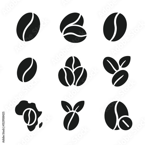 Coffee Bean Icons. Solid, Filled icon set of coffee bean varieties: arabica, robusta, liberica, peaberry, blend, organic,