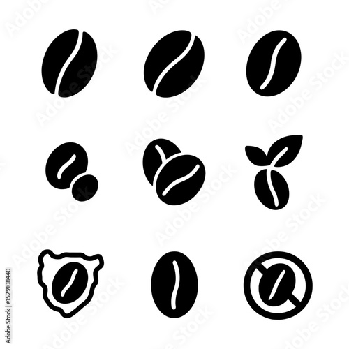 Coffee Bean Icons. Solid, Filled icon set of coffee bean varieties: arabica, robusta, liberica, peaberry, blend, organic,
