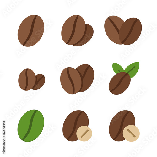 Coffee Bean Icons. Flat icon set of coffee bean varieties: arabica, robusta, liberica, peaberry, blend, organic, single-origin,