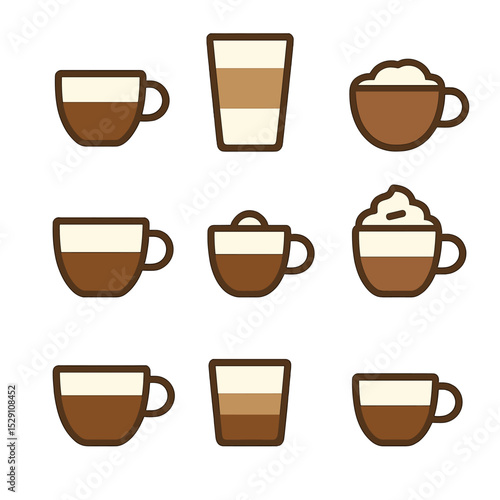 Coffee Beverage Icons. Flat icon set of coffee beverages: espresso, latte, cappuccino, americano, macchiato, mocha, flat white,