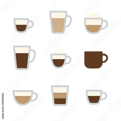 Coffee Beverage Icons. Flat icon set of coffee beverages: espresso, latte, cappuccino, americano, macchiato, mocha, flat white,
