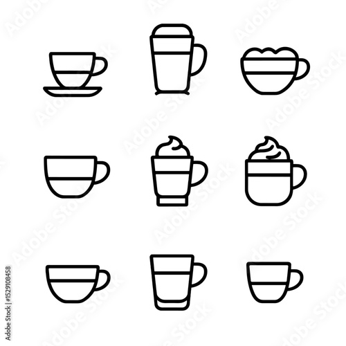 Coffee Icon Grid. Outline icon set of coffee beverages: espresso, latte, cappuccino, americano, macchiato, mocha, flat white,
