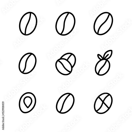Coffee Bean Icons. Outline icon set of coffee bean varieties: arabica, robusta, liberica, peaberry, blend, organic, single-origin,