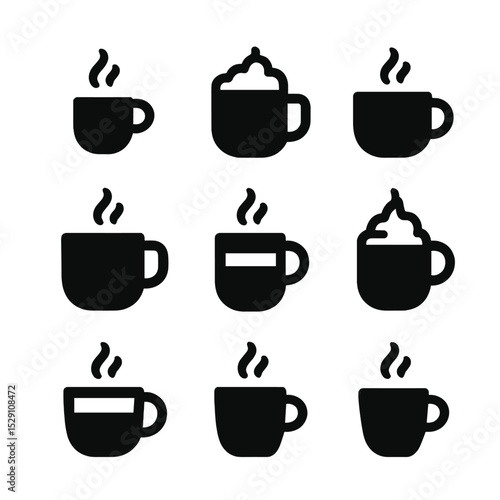 Coffee Icons Grid. Solid, Filled icon set of coffee beverages: espresso, latte, cappuccino, americano, macchiato, mocha, flat