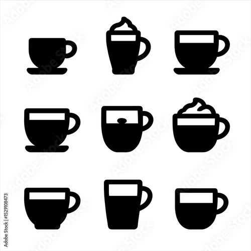 Coffee Icons Grid. Solid, Filled icon set of coffee beverages: espresso, latte, cappuccino, americano, macchiato, mocha, flat