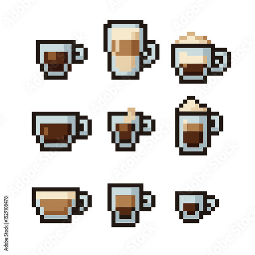Coffee Icon Grid. Pixel art icon set of coffee beverages: espresso, latte, cappuccino, americano, macchiato, mocha, flat white,