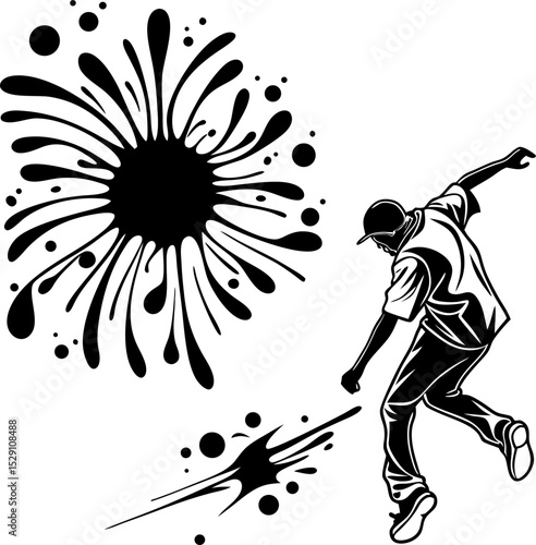Urban Art Dynamics: A dynamic urban art composition bursts with energy, showcasing a stylized figure in motion, rendered in bold black lines, alongside a vibrant splash of ink. 