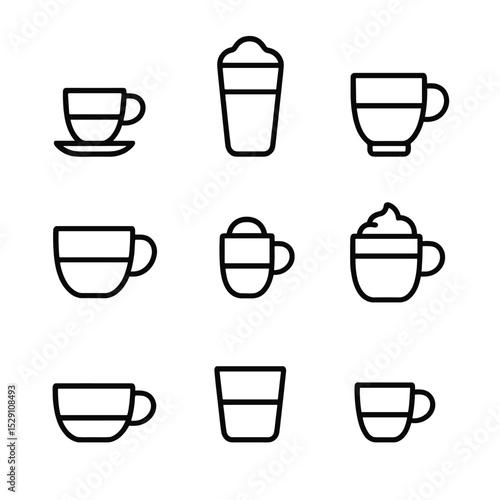 Coffee Icon Grid. Outline icon set of coffee beverages: espresso, latte, cappuccino, americano, macchiato, mocha, flat white,