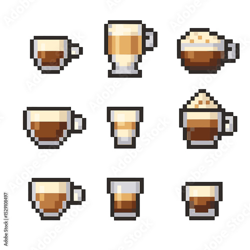 Coffee Icon Grid. Pixel art icon set of coffee beverages: espresso, latte, cappuccino, americano, macchiato, mocha, flat white,