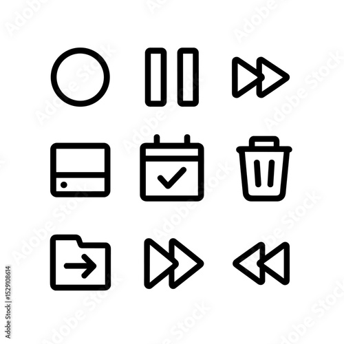DVR Icon Set. Outline icon set of DVR recording features: record circle, pause icon, play queue, storage drive, schedule icon,