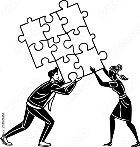 Teamwork and Problem-Solving: Silhouette of two figures collaborating, fitting puzzle pieces together, symbolizing unity and shared effort in solving complex challenges.