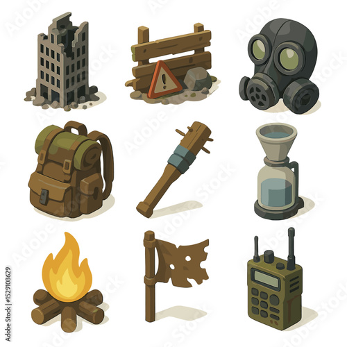 Dystopian Survival Icons. Isometric Flat icon set of post-apocalyptic survival dystopia: ruined skyscraper, makeshift barricade,
