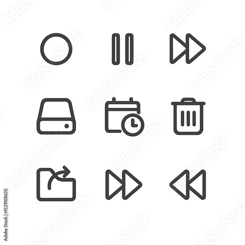 DVR Icon Set. Outline icon set of DVR recording features: record circle, pause icon, play queue, storage drive, schedule icon,