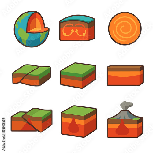 Earth's Layer Icons. Isometric Flat icon set of Earth’s internal layers: crust cross-section, mantle flow arrows, outer core swirl